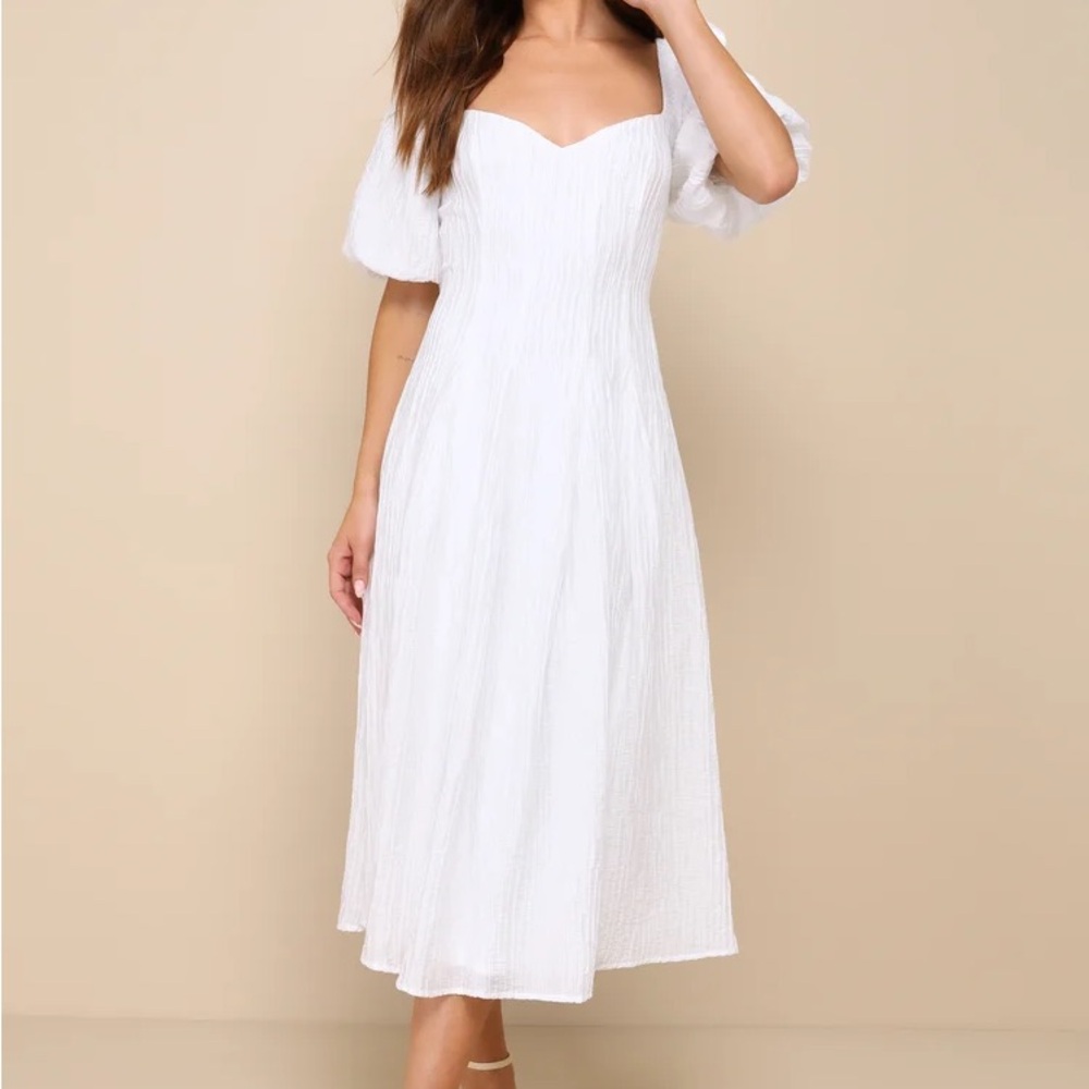Lulu's White Sweetheart Puff Sleeve Midi Dress -NWT
